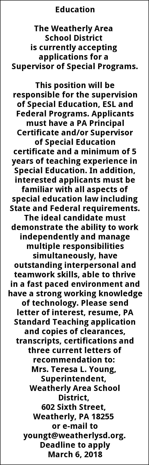 Supervisor of Special Programs, Weatherly Area School District