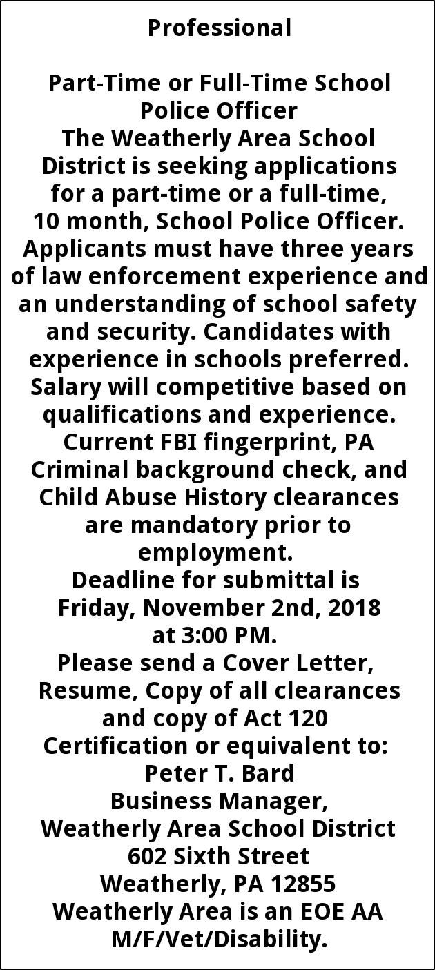 School Police Officer, Weatherly Area School District, Weatherly, PA