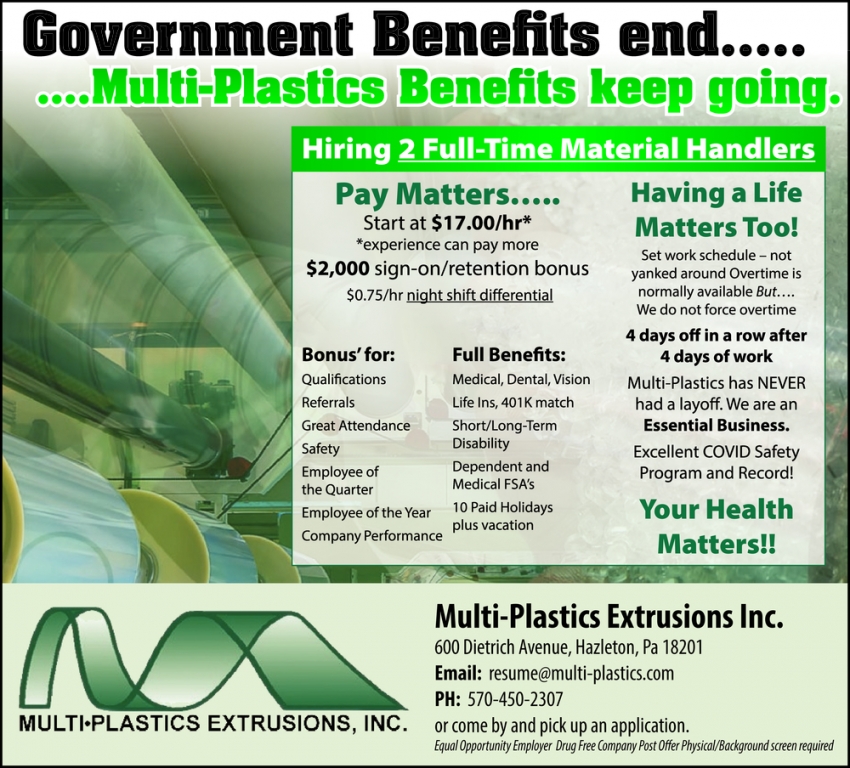 Material Handlers Needed, Multi Plastics Extrusion Inc
