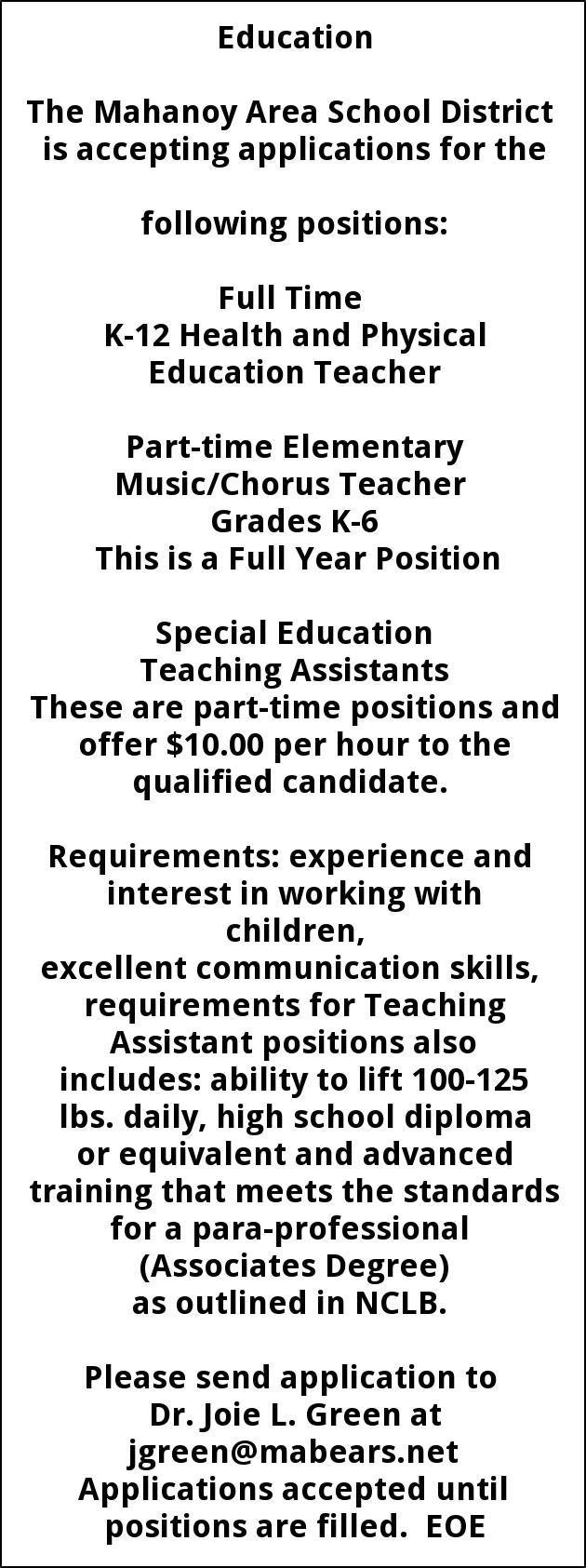 Job posting for teachers assistant