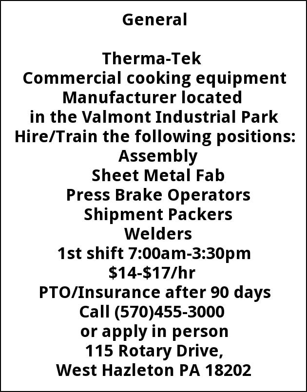 Assembly, Press Brake Operators, Welders, Packers, Therma-Tek, Hazleton, PA