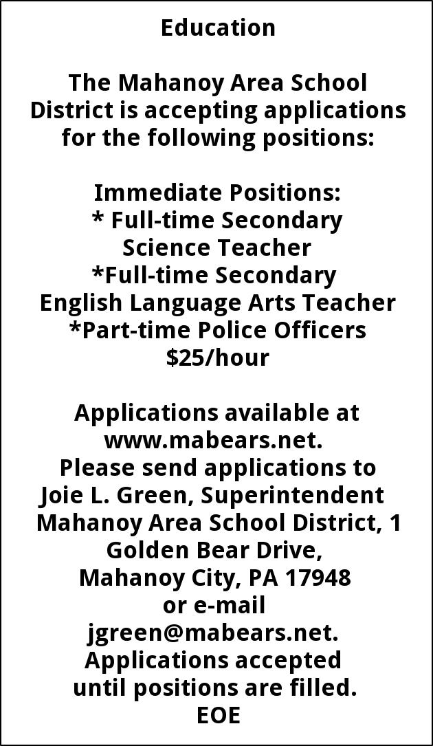 Accepting Applications, Mahanoy Area School District